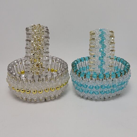 Safety Pins Beaded Handmade Wire Beads Ruffled Small Basket With Handles 2 Pcs - Picture 2 of 11